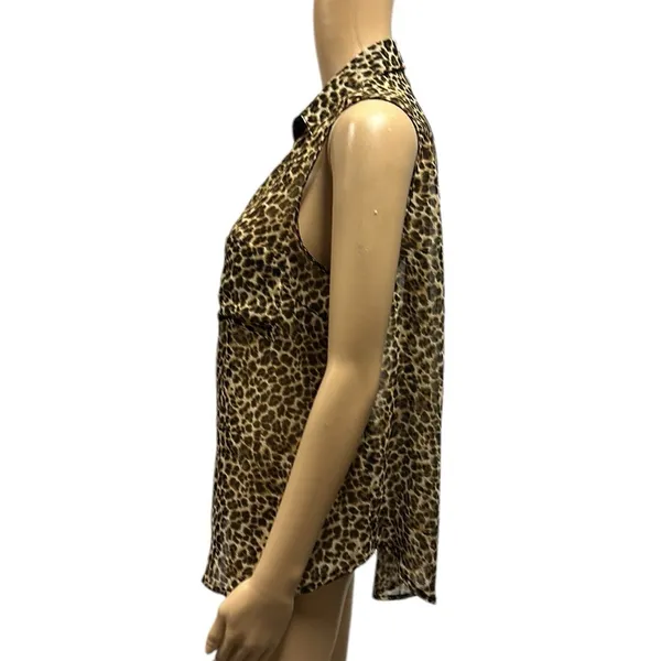 Wet Seal Animal Print Button Up Sleeveless Semi Sheer Pocket Blouse Top Womens L - Image 7