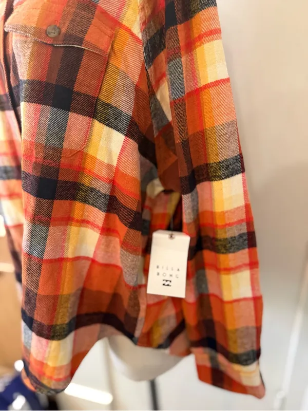 Billabong Orange and Brown Flannel Plaid Button-Down Shirt Sz L NWT - Image 3