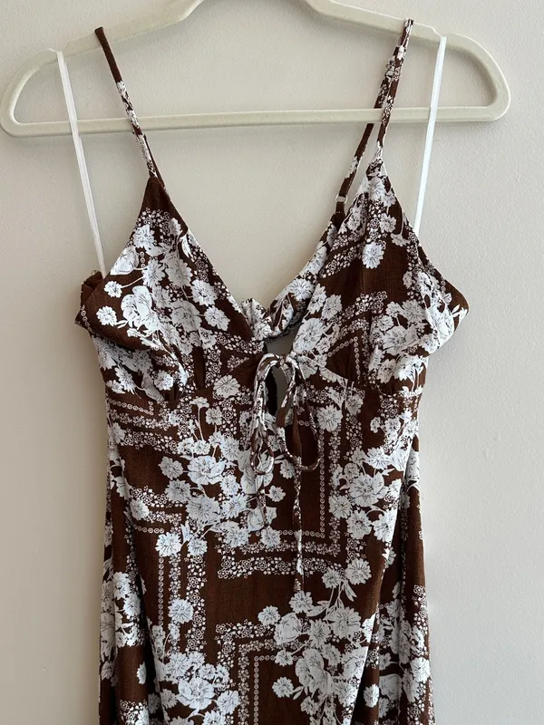 Paper Heart Anthropologie Chocolate Brown Floral Linen Maxi Dress, Size Large - Image 3