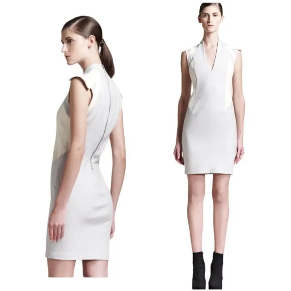 Helmut Lang Dress Women‎ 10 Gray Cream Blistered Leather Panel Sheath Mini - Image 2
