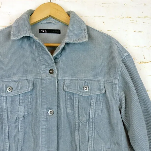 Zara Oversized Corduroy Trucker Jacket Womens XS Baby Blue Raw Hem Gorpcore 90s - Image 7