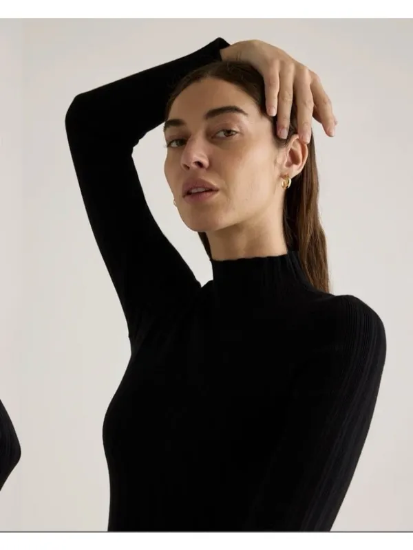 Quince Stretch Ribbed Organic Cotton Cashmere Long Sleeve Bodysuit Black Size S - Image 4