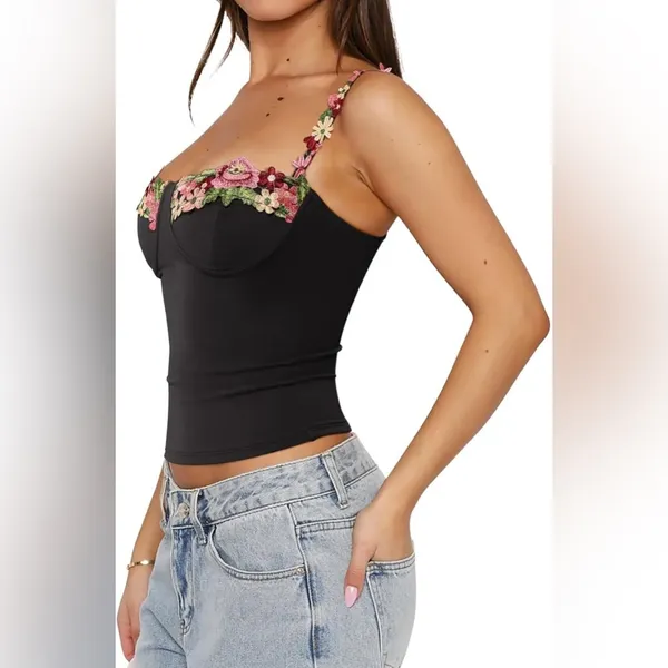 NEW Black Floral Bustier Corset Tops Spaghetti Strap Tank Top Y2K S - Image 5