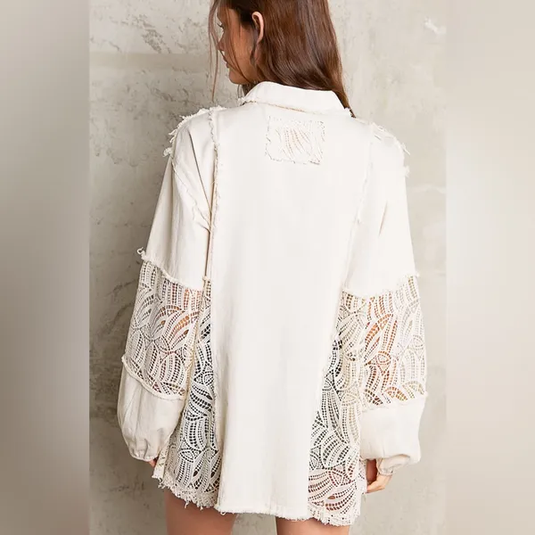 POL Cream Lace Detail Button-Up Top - Image 5