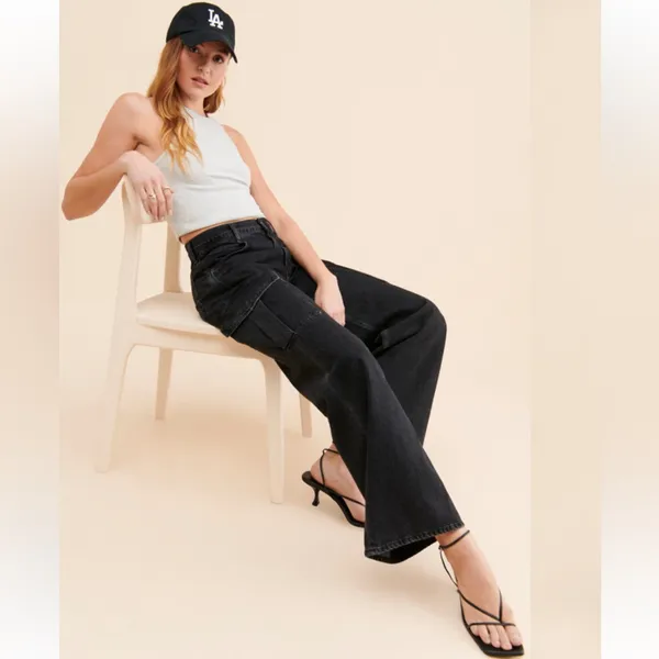 Agolde Minka Cargo Denim Wide-leg Jeans in Black W1887 Sz 28 - Image 2