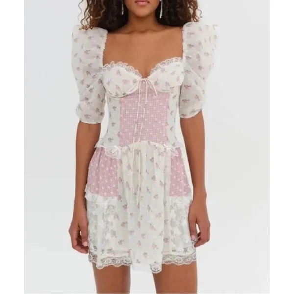 NWT!!‎ FOR LOVE & LEMONS Francine Floral Patchwork Mini Dress Lace Coquette XS - Image 4