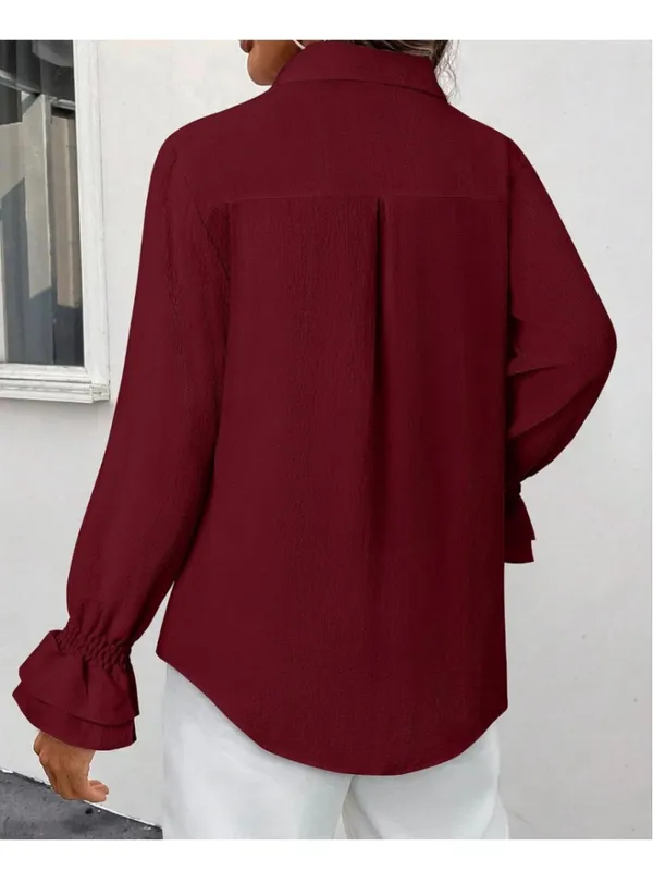 NEW Oversize Button Down Shirt Smocked Boyfriend Long Sleeve Ruffle Blouse L - Image 2