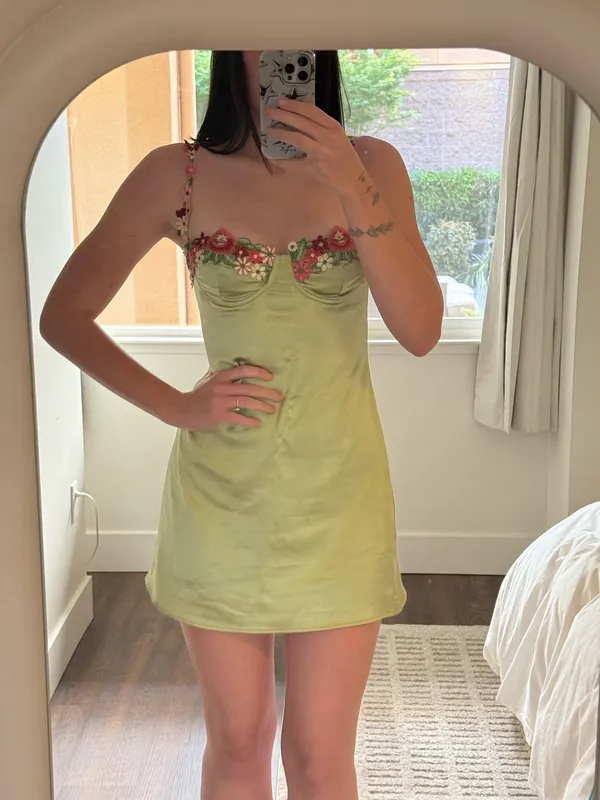 Green Princess Polly Mini Dress with Floral Details - Image 2
