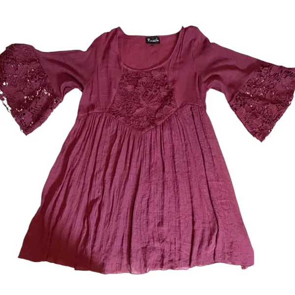 Frazzle Burgundy Lace Crochet Bell Sleeve Boho Mini Tunic Dress Large Wine Red - Image 9