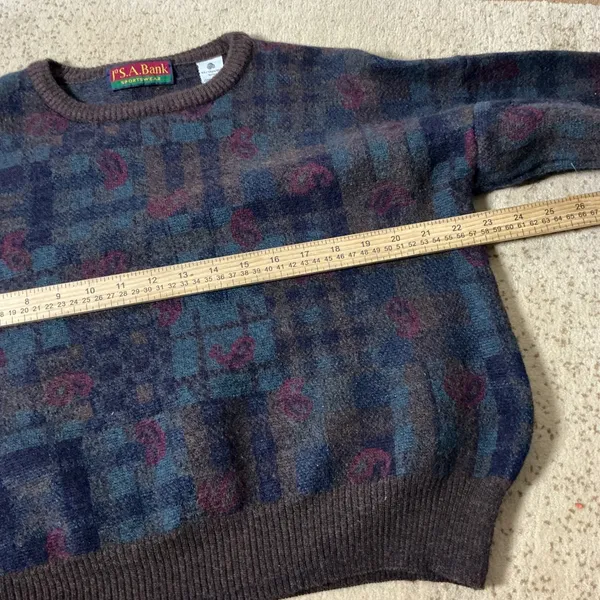 Jos. A. Bank Vintage Paisley Wool Sweater Women L Brown Blue Geometric Italy - Image 4