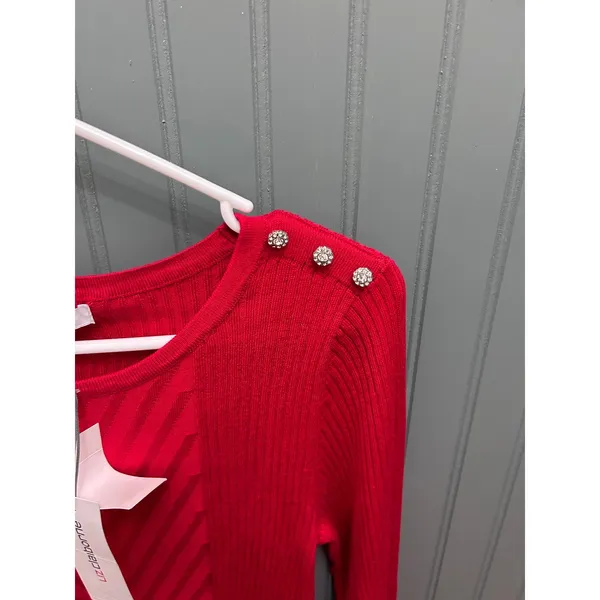 Liz‎ Claiborne Red Ribbed Knit Sweater Sparkle Button Detail Long Sleeve Women M - Image 2