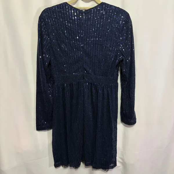 Navy Blue Sequin Wrap V-Neck Long Sleeve Lace Trim Cocktail Dress Evening Party - Image 13