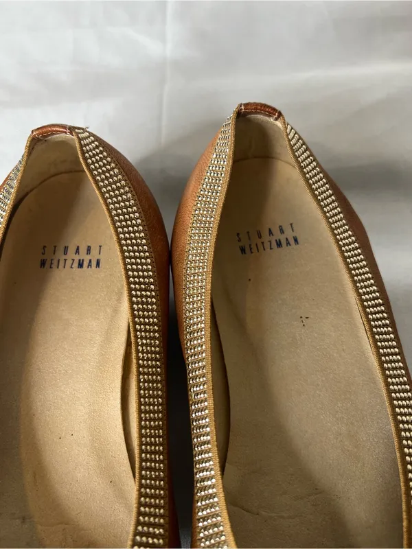 Stuart Weitzman Tan Brown Leather Ballet Flats with Crystal Trim Size 8.5 - Image 7