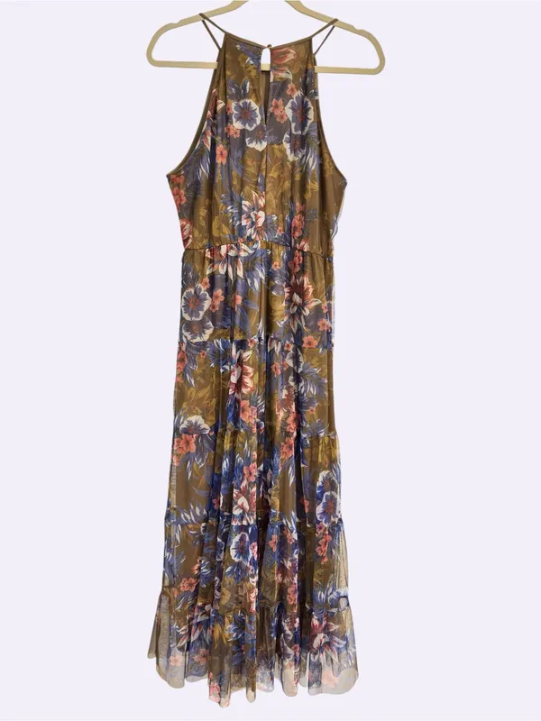 Candalette Petite Floral Mesh Maxi Dress PL Brown Blue Pink Tiered Halter Boho - Image 4