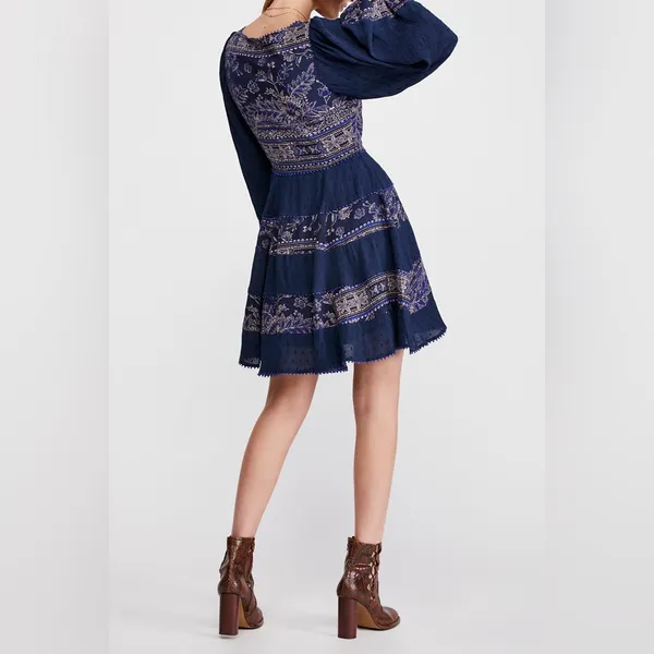 Free People My Love Mini Navy Paisley V-Neck Long Sleeve Tiered Dress Medium - Image 4