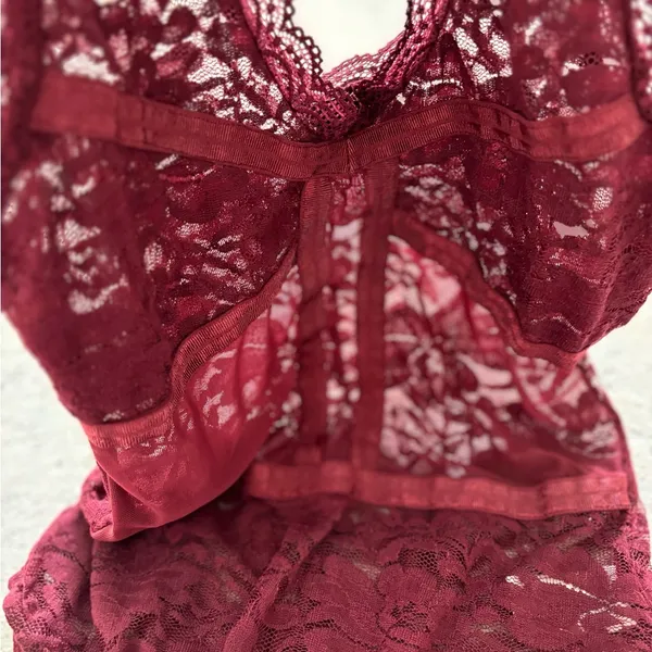 Shinestar Burgundy Sheer Lace Bodysuit Teddies Size M - Image 13