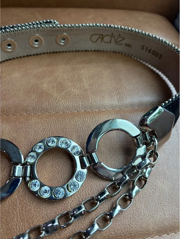 Cache Silver Hoop Ring Belt Layered Chain Rhinestone Y2K - Image 4