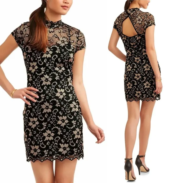 No Boundaries Y2K Black Gold Lace Dress Sheer Overlay M Whimsigoth Vampy Clubwear Party - Image 2