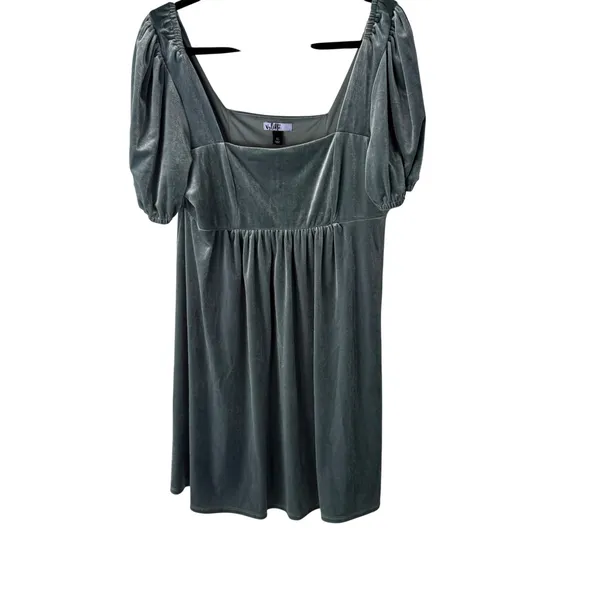 Vyllete Velvet Puff Slv Square Neck Babydoll Dress Teal XL Party Holiday‎ Winter - Image 2