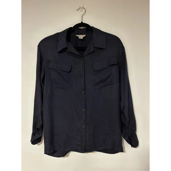 Alex & Amy Womens Navy Blue 100% Silk Jacquard Long Sleeve Button Down Blouse S - Image 7