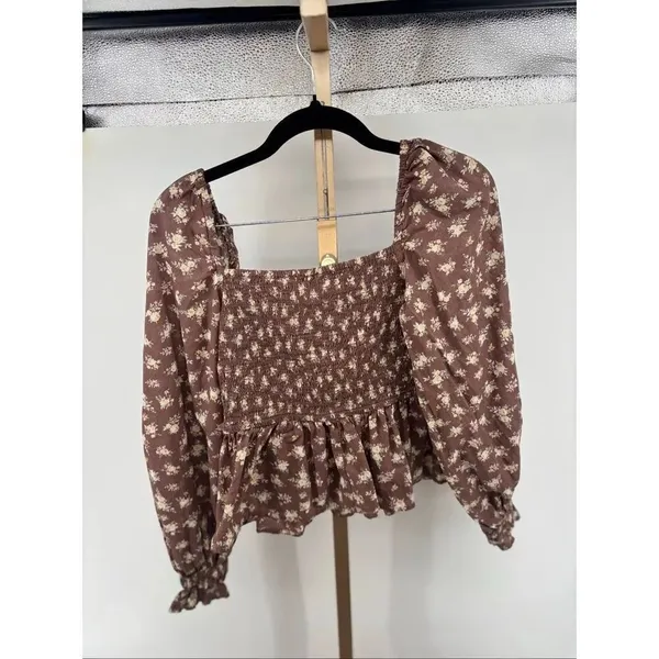 Dizzy Lizzy Smocked Peplum Floral Blouse XS Brown Boho Cottagecore Puff Sleeve - Image 13