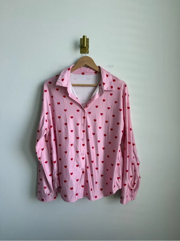Pink Red Heart Print Matching Pajama Set Button Down Wide Leg Pants Size Medium - Image 6