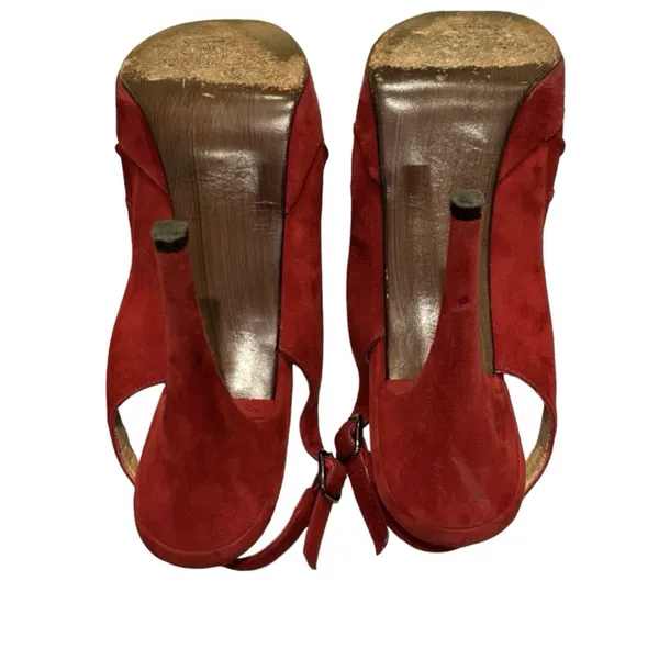 Burgundy Red Pleated Suede Peep Toe Platform Slingback Pumps 8M - Image 9