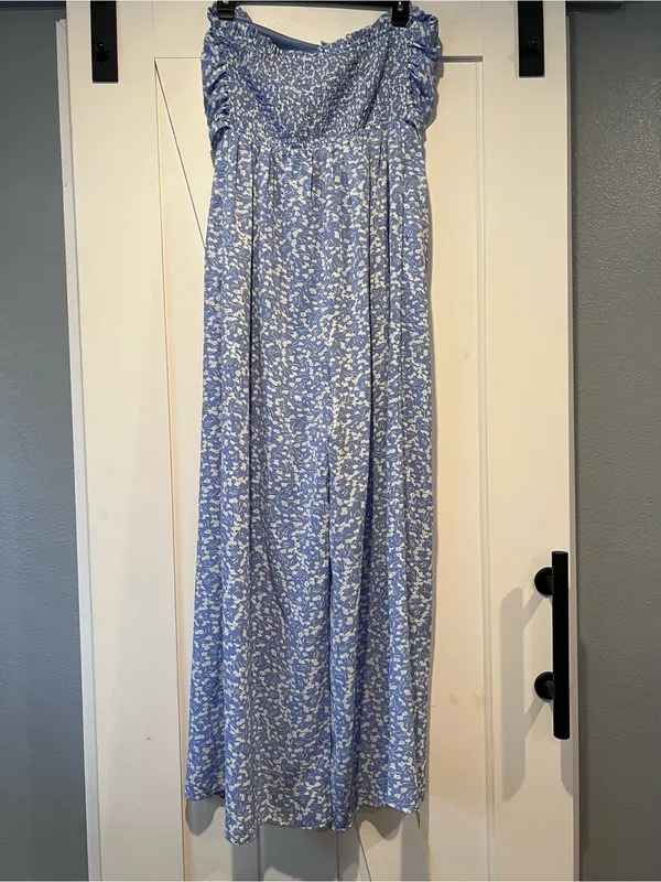 Entro Blue Floral Strapless Tie-Front wide leg Jumpsuit size M - Image 5