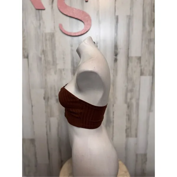 Brown Ribbed Knit Lace-Up Bandeau Crop Top Women’s XS - Image 3