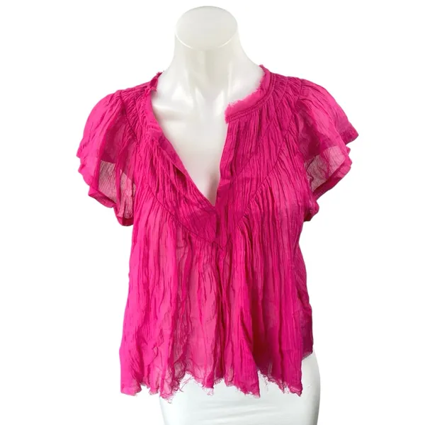 Free People Padma Pink Raw Hem Short Flutter Sleeve V-Neck Sheer Blouse Top Sz S - Image 2