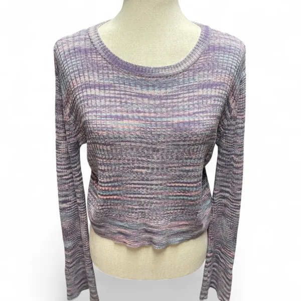 Sincerely Jules Purple‎ Space Dyed Long Bell Sleeve Cropped Preppy Knit Sweater - Image 2