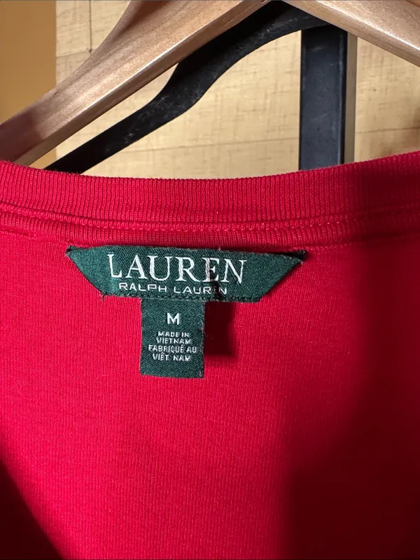 Lauren Ralph Lauren Red Stretch Cotton Elbow Sleeve V-Neck Tee Medium - Image 3