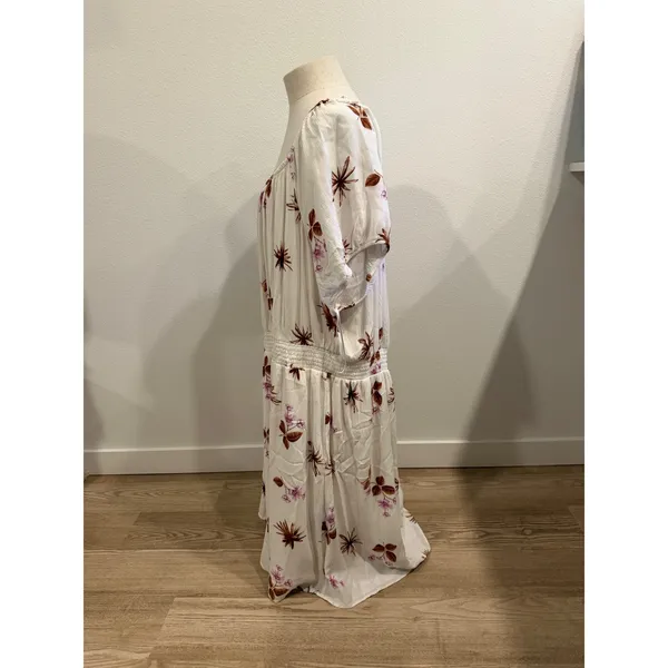 Dip Floral Smocked Waist Midi Dress White Brown Purple Short Sleeve Womens 3X - Image 3