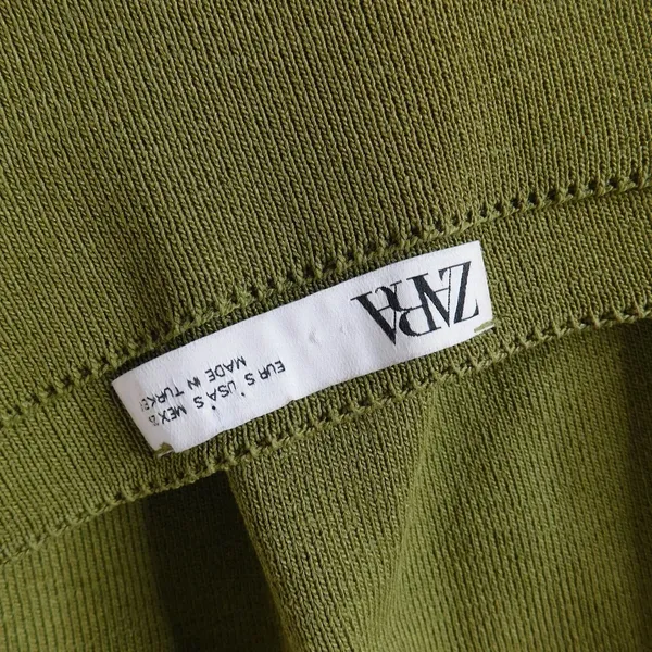 ZARA Squared Mini Babydoll Dress Puff Sleeves Solid Olive Green Knit Small - Image 12
