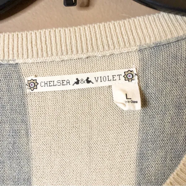 Chelsea‎ & Violet Metallic Wool Blend Abstract Striped Sweater Tan Grey Large - Image 3
