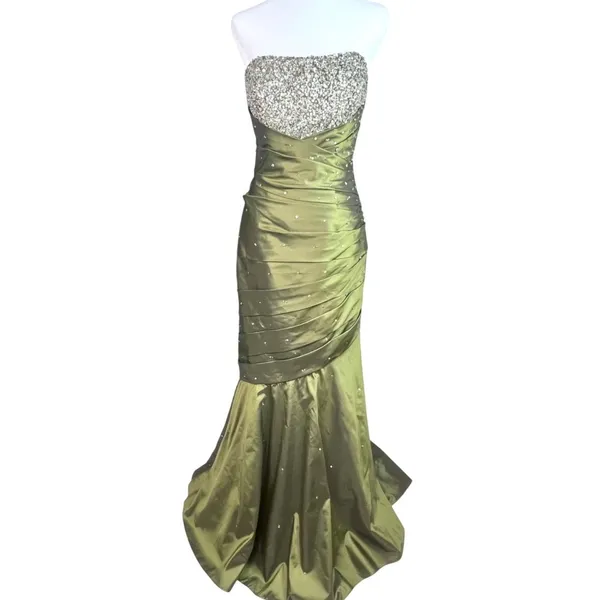 MoriLee Strapless Jewel Pleated Green Mermaid Gown 10 Formal Prom Pageant - Image 2