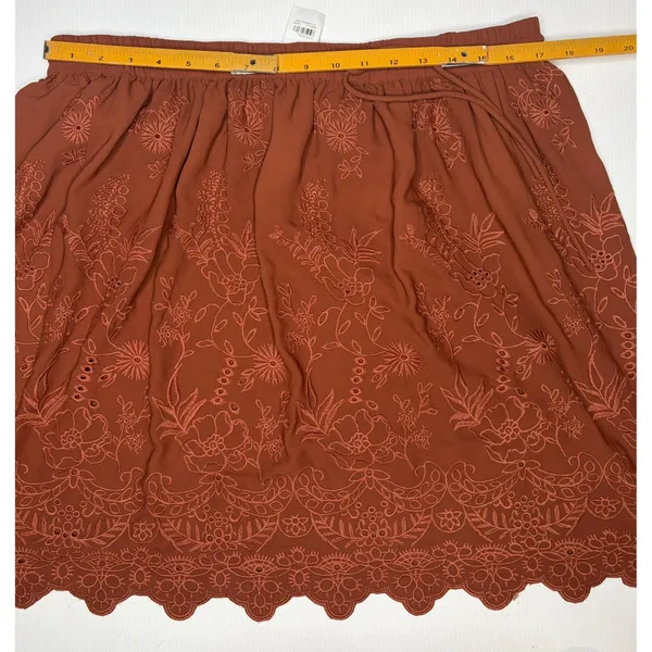 Lottie Rust Brown Eyelet Embroidered Scalloped Mini Skirt Boho Drawstring Waist‎ - Image 6