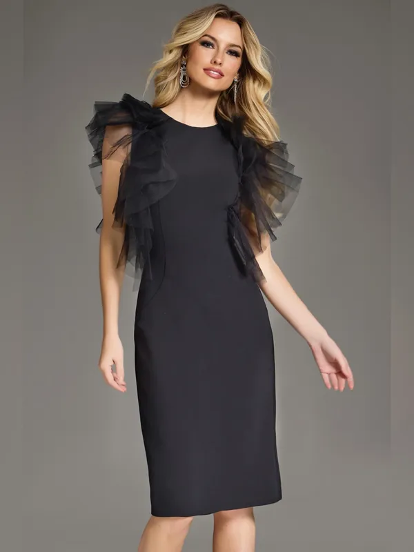Jovani Sheath Dress with Layered Tulle Shoulders 43152 LBD - Image 2