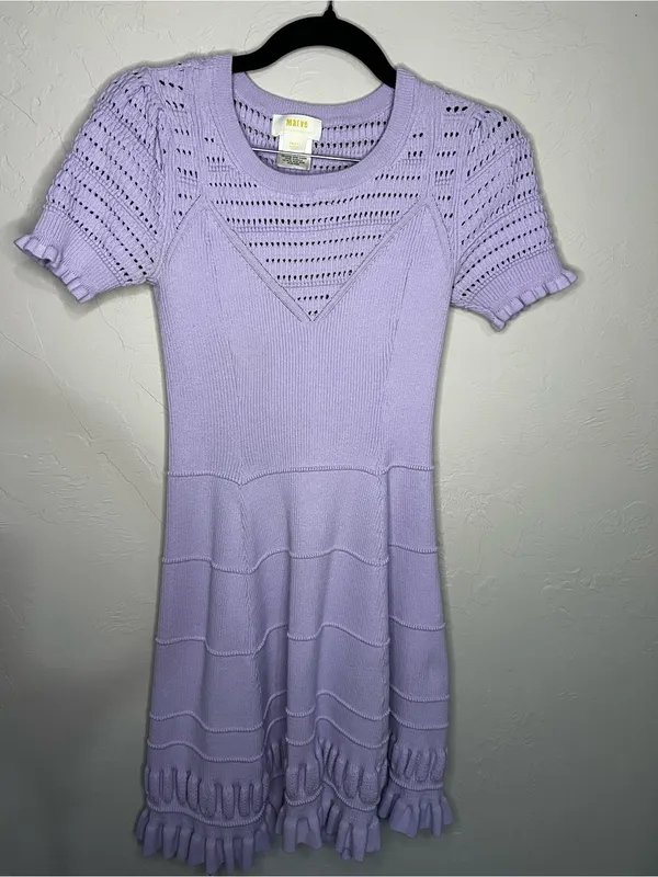 Maeve by Anthropologie Promenade Pointelle Purple Knit Ruffle Sweater Dress - Image 2