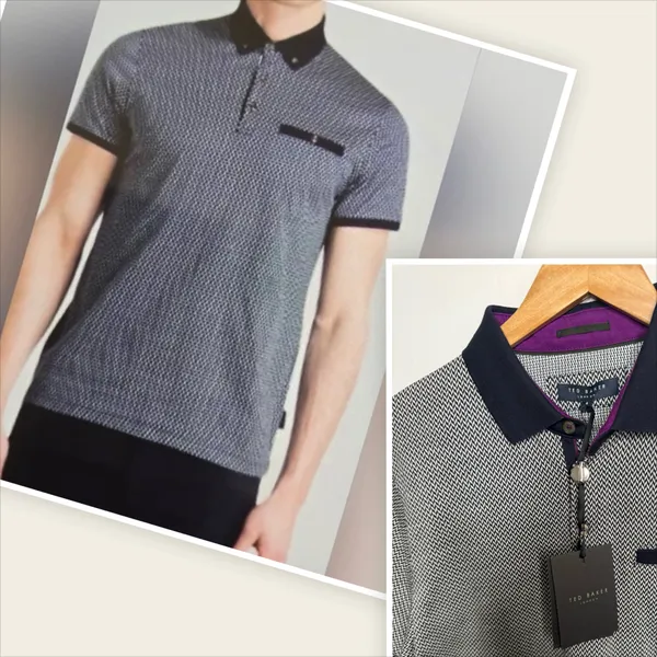 NWT Ted Baker Designer collared contrast jacquard blue polo shirt Lg - Image 2
