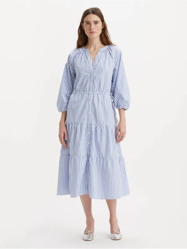 NWT Levi's Cecile Striped Tiered Midi Dress Blue White Button Front Puff Sleeve - Image 3
