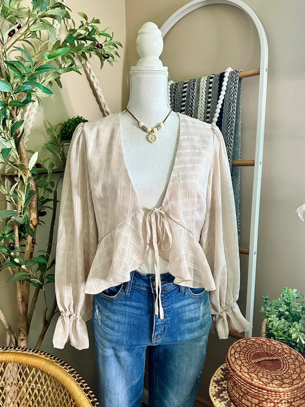 Mable Blush Beige Plaid Tie Front Peplum Blouse Medium - Image 2