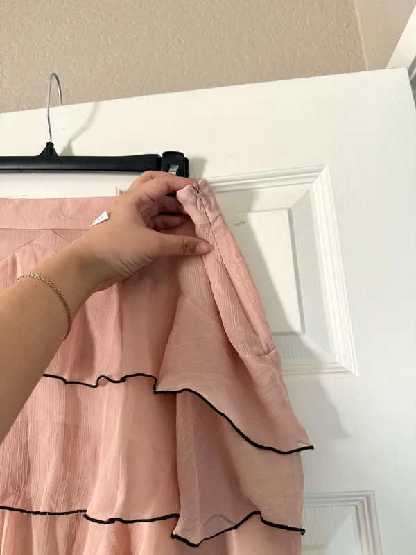Zara Blush Pink Tiered Chiffon Ruffle Black Trim Mini Skirt - Image 7