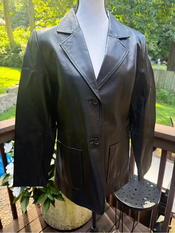 METROSTYLE Womens Genuine Leather Black Blazer Lined Pockets Notch Lapel 8 - Image 2