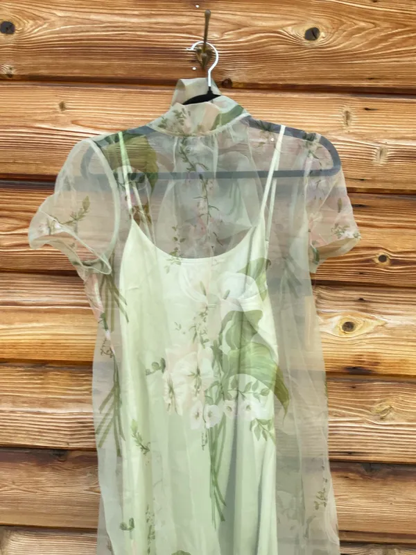 CAARA Melody Size M Green Floral Tie Neck Ruffle Hem Gown Dress Few Moda - Image 7