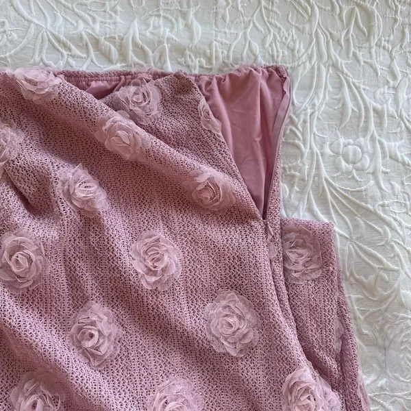 Pink 3D Floral Rosette Open Knit Maxi Dress Size Small - Image 3