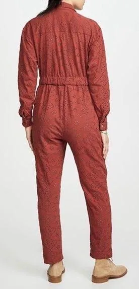 Free People Set The Tone Eyelet Long Sleeve Jumpsuit Terracotta Red Women's Sz 4 - Image 2