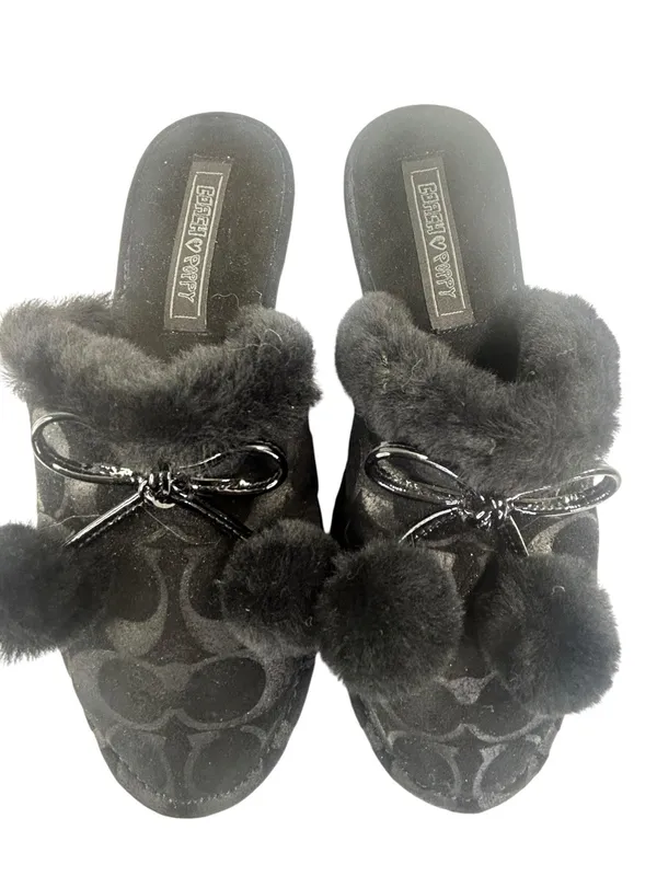 Vintage Coach Poppy Jayda Black Signature C Jacquard Fur Slippers Bows Y2K - Image 2