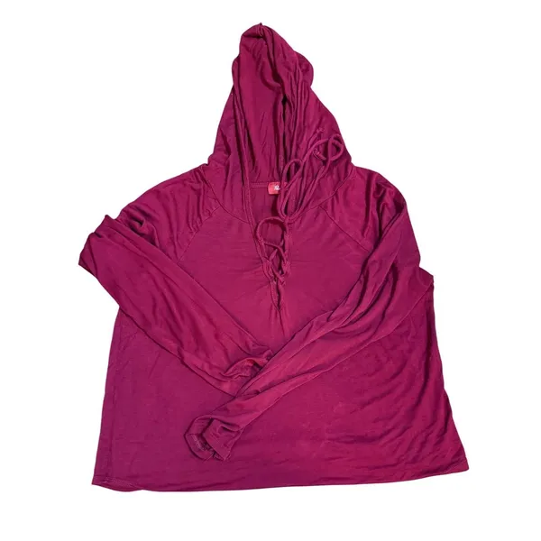 Y2K Skater Top Burgundy Lace Up Lightweight Hoodie Long‎ Sleeve Sz M - Image 5