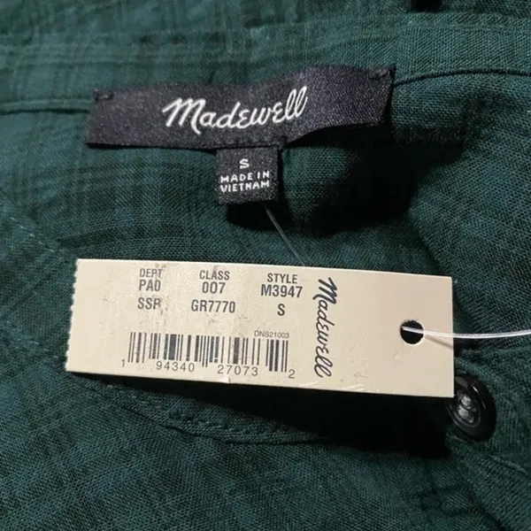 Madewell Green Plaid Print Balloon Sleeve Button Front Peasant Top Size S‎ NWT - Image 4